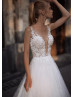 Illusion Neck Ivory Lace Glitter Tulle Wedding Dress